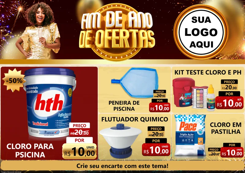 Modelo de Encarte para Encarte A4 Horizontal com o tema Fim de Ano de Ofertas para Produtos para Piscina