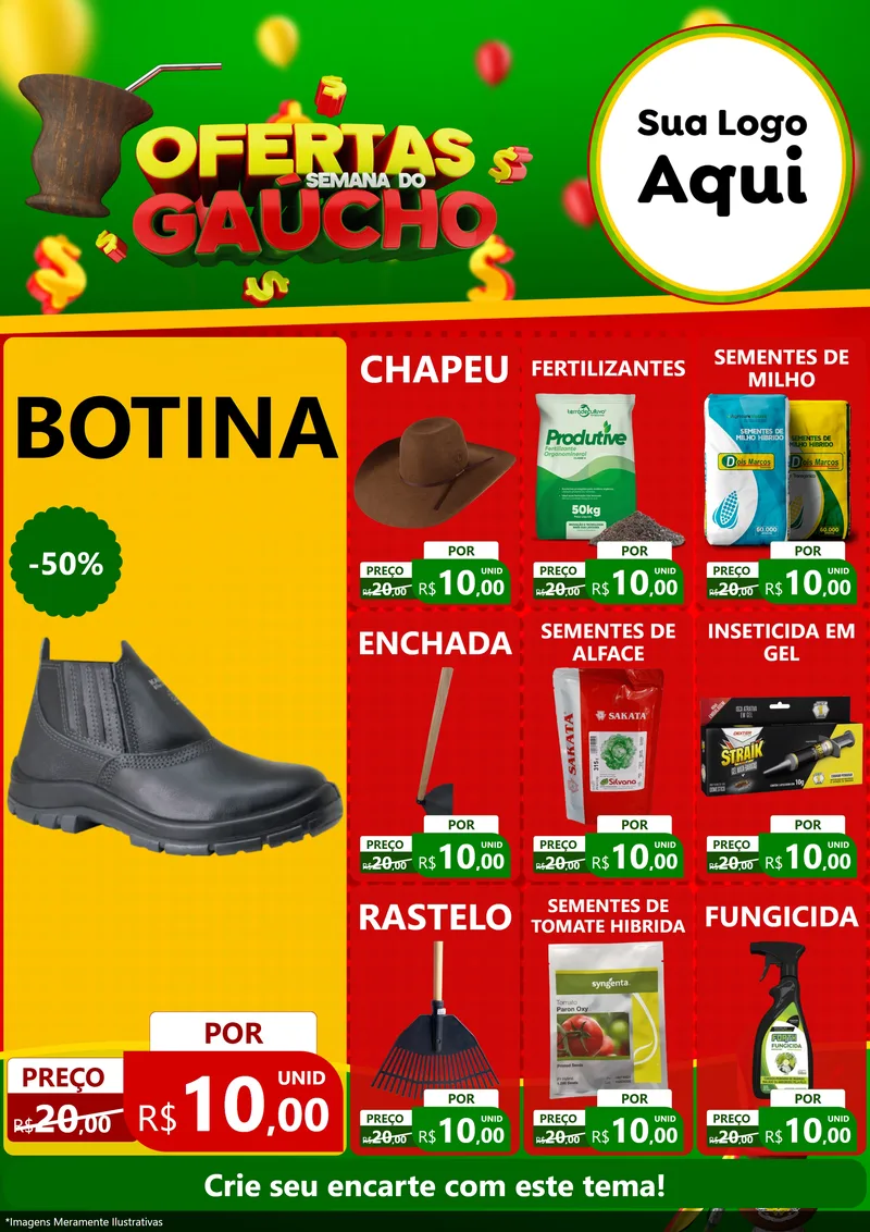 Modelo de Encarte para Encarte A4 Vertical com o tema Ofertas Semana Do Gaúcho para Agropecuária