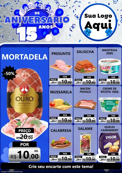 Modelo de Encarte para Encarte A4 Vertical com o tema Promoção de Aniversário - 15 Anos para Frios e Laticínios