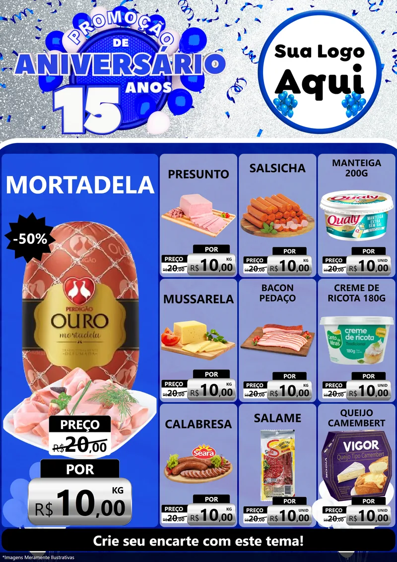 Modelo de Encarte para Encarte A4 Vertical com o tema Promoção de Aniversário - 15 Anos para Frios e Laticínios