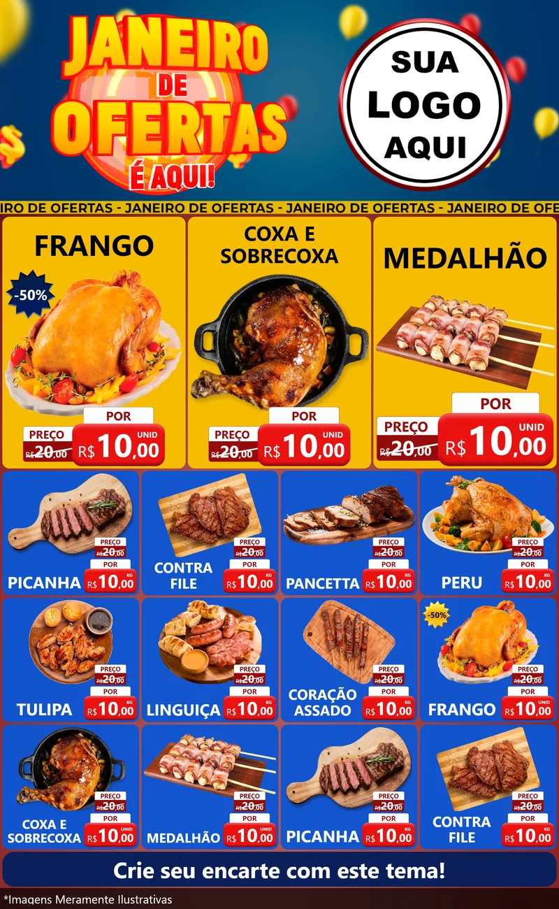 Modelo de Encarte para Encarte Grande com o tema Janeiro de Ofertas É Aqui! para Assados