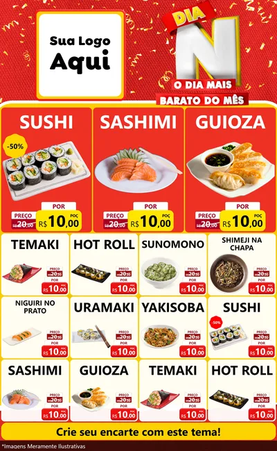Modelo de Encarte para Encarte Grande com o tema Dia N o Dia Mais Barato do Mês para Comida japonesa