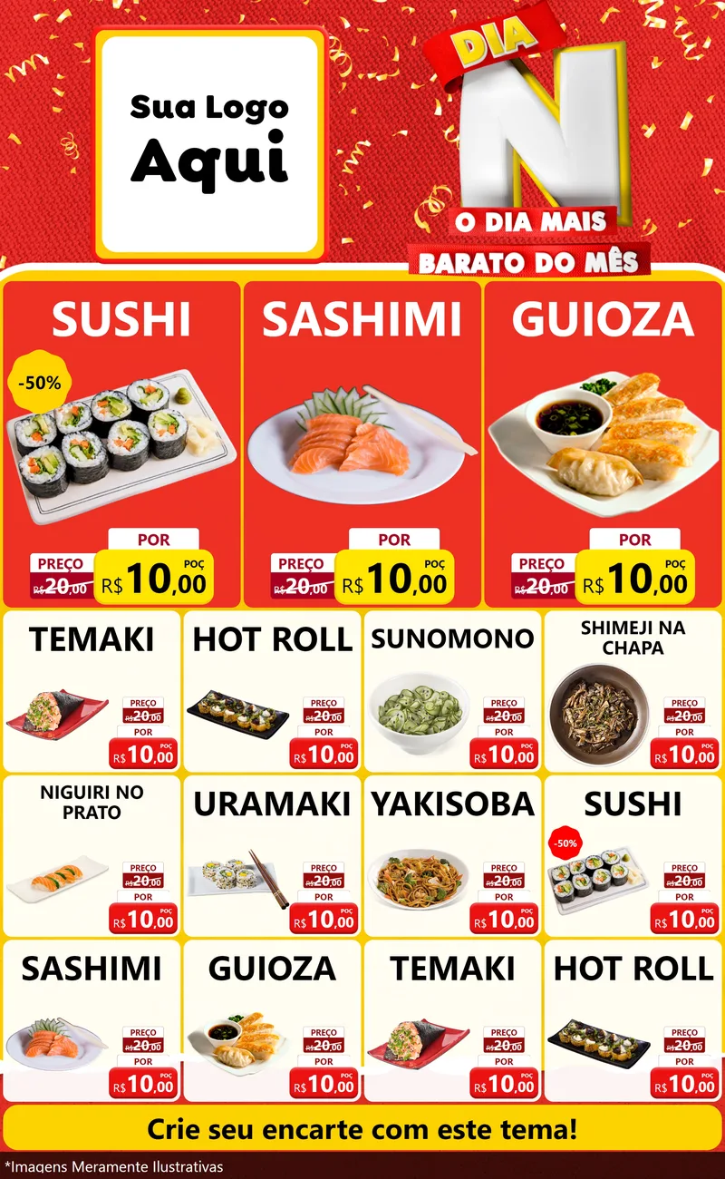 Modelo de Encarte para Encarte Grande com o tema Dia N o Dia Mais Barato do Mês para Comida japonesa