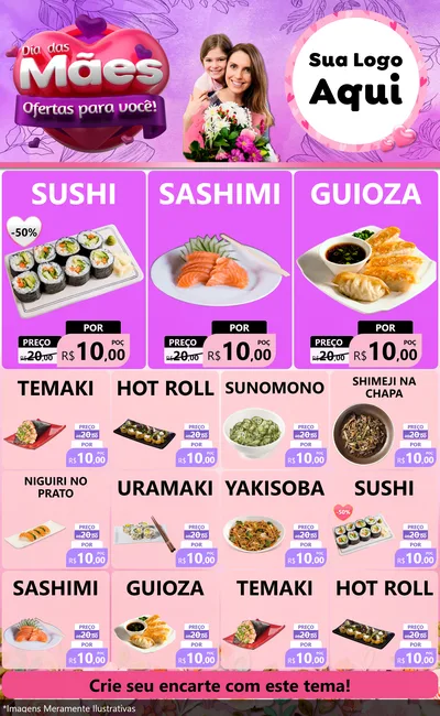 Modelo de Encarte para Encarte Grande com o tema Dia das Mães Ofertas para Você! para Comida japonesa