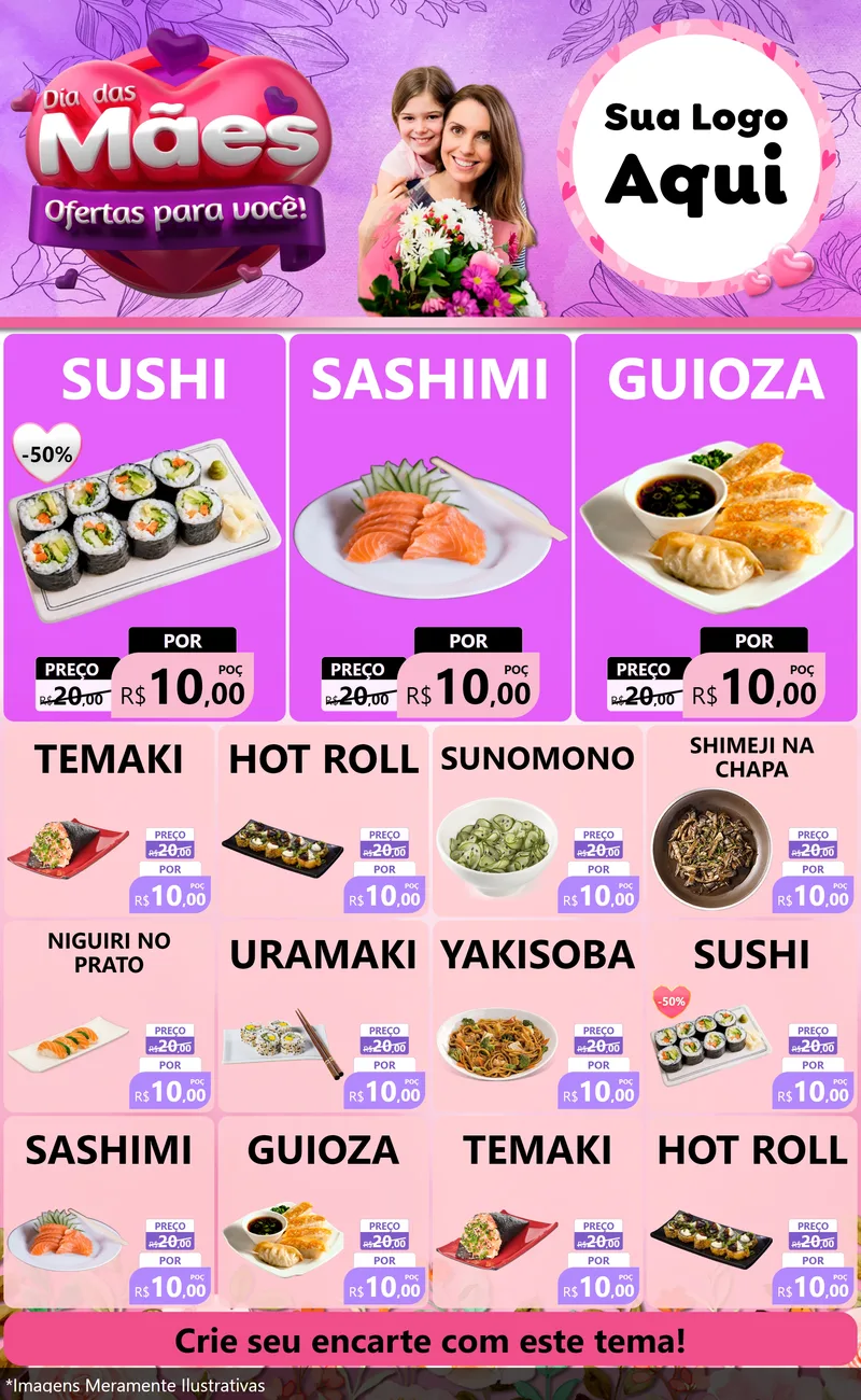 Modelo de Encarte para Encarte Grande com o tema Dia das Mães Ofertas para Você! para Comida japonesa