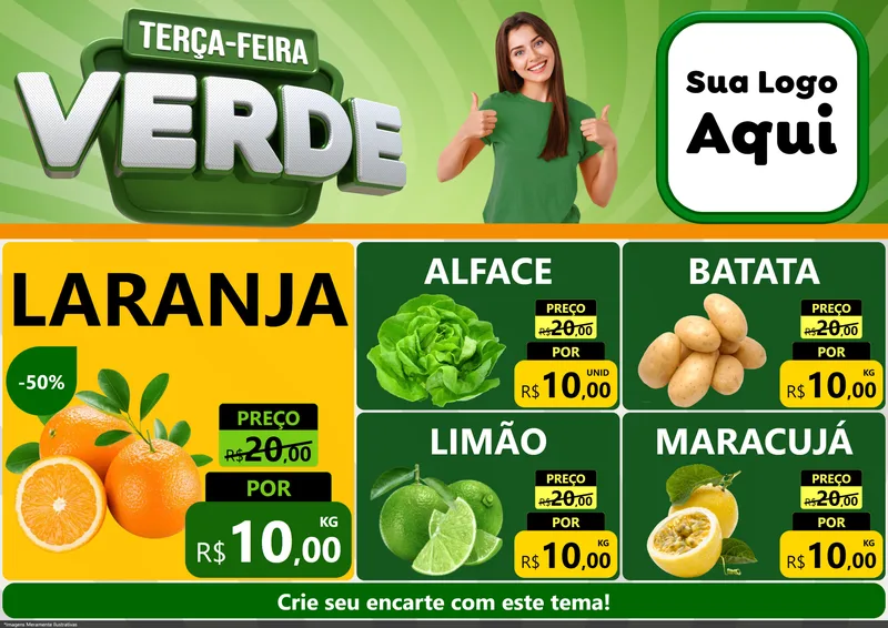 Modelo de Encarte para Encarte A4 Horizontal com o tema Terça - Feira Verde para Hortifrúti