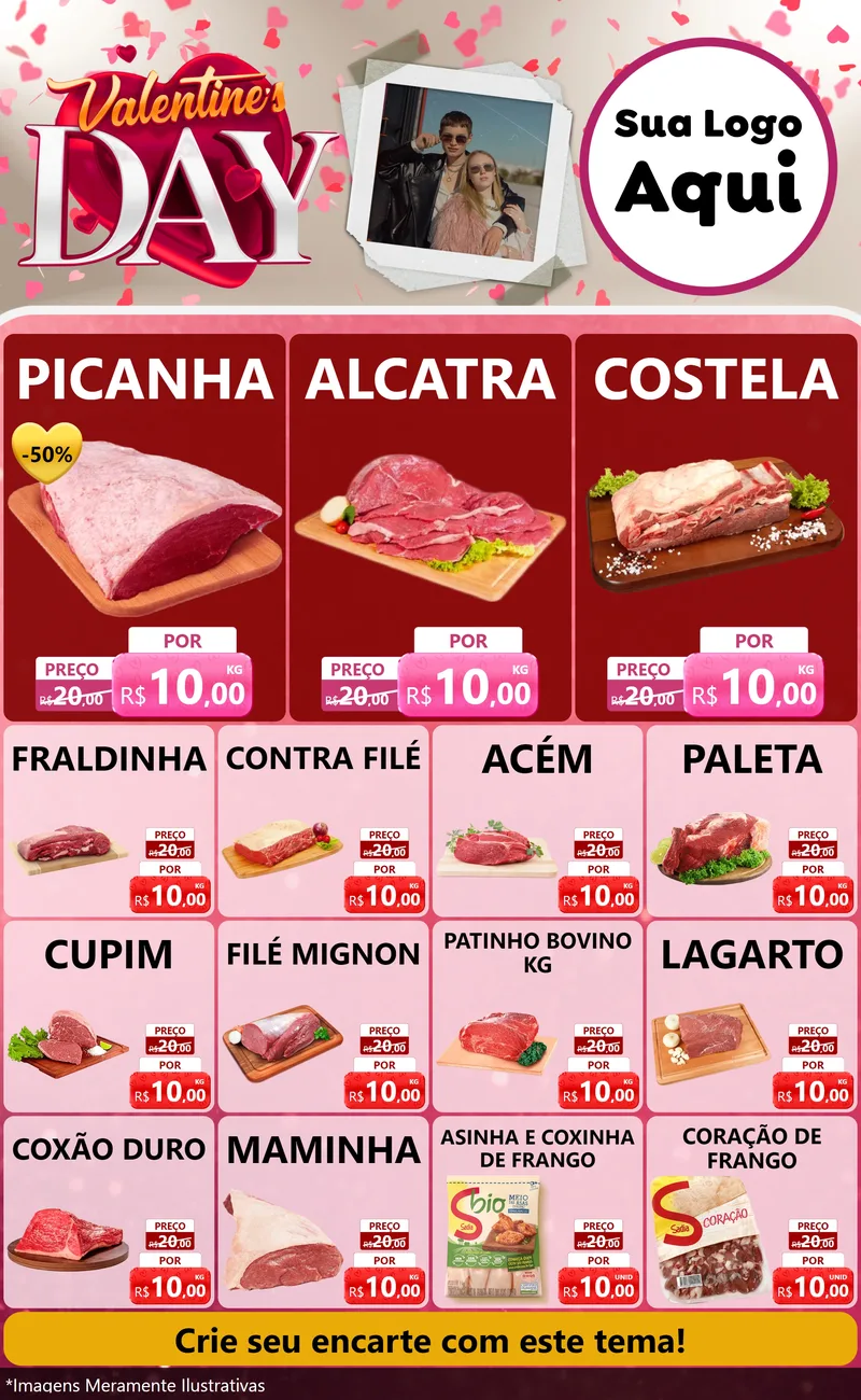 Modelo de Encarte para Encarte Grande com o tema Valentine's Day para Açougue