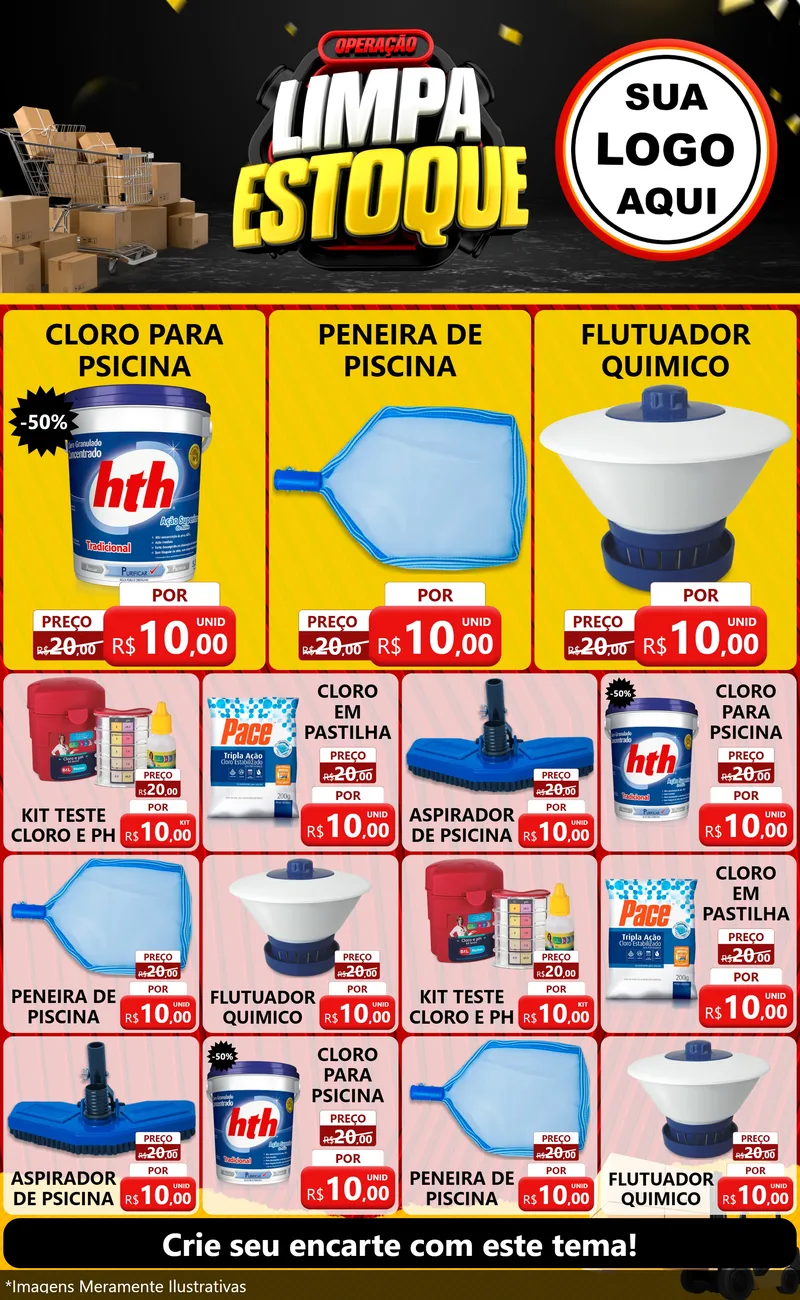 Modelo de Encarte para Encarte Grande com o tema Operação Limpa Estoque para Produtos para Piscina