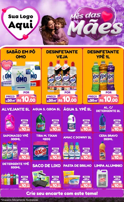 Modelo de Encarte para Encarte Grande com o tema Mês das Mães para Produtos de Limpeza