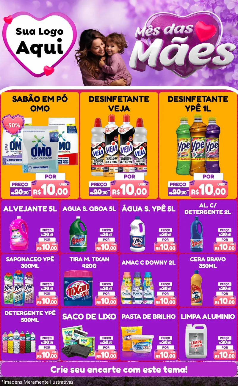 Modelo de Encarte para Encarte Grande com o tema Mês das Mães para Produtos de Limpeza