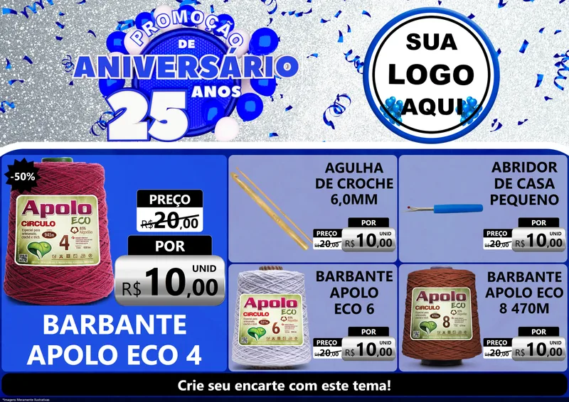 Modelo de Encarte para Encarte A4 Horizontal com o tema Promoção de Aniversário - 25 Anos para Armarinho e Aviamentos