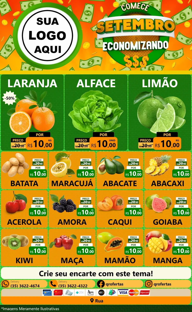 Modelo de Encarte para Encarte Grande com o tema Comece Setembro Economizando para Hortifrúti