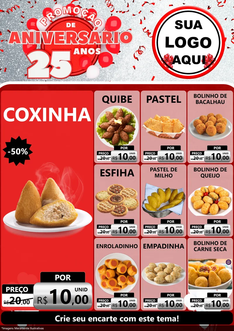 Modelo de Encarte para Encarte A4 Vertical com o tema Promoção de Aniversário - 25Anos para Salgadaria