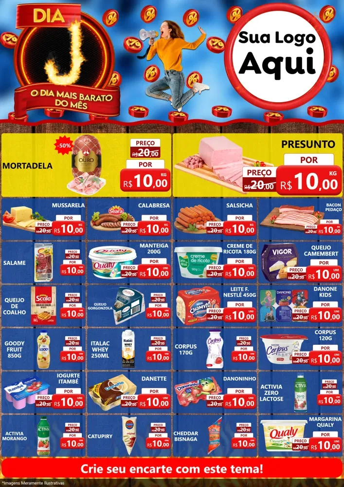 Modelo de Encarte para Encarte A4 Vertical com o tema Dia J - O Dia Mais Barato Do Mês para Frios e Laticínios