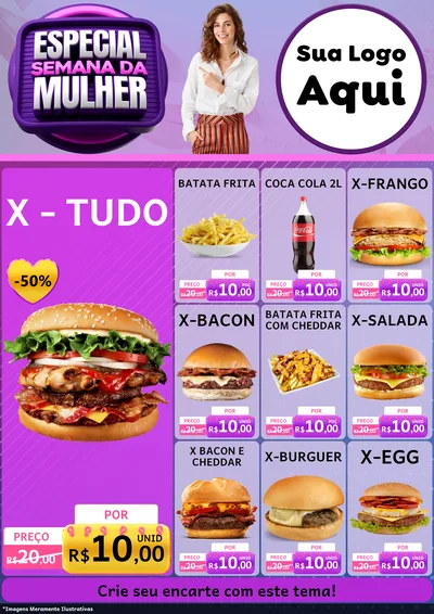Modelo de Encarte para Encarte A4 Vertical com o tema Especial Semana da Mulher para Hamburgueria