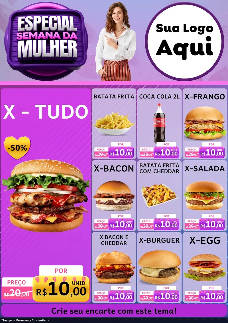 Modelo de Encarte para Encarte A4 Vertical com o tema Especial Semana da Mulher para Hamburgueria