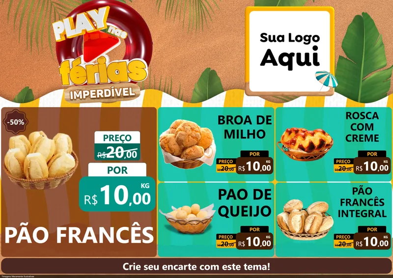 Modelo de Encarte para Encarte A4 Horizontal com o tema Play Nas Férias Imperdível para Padaria