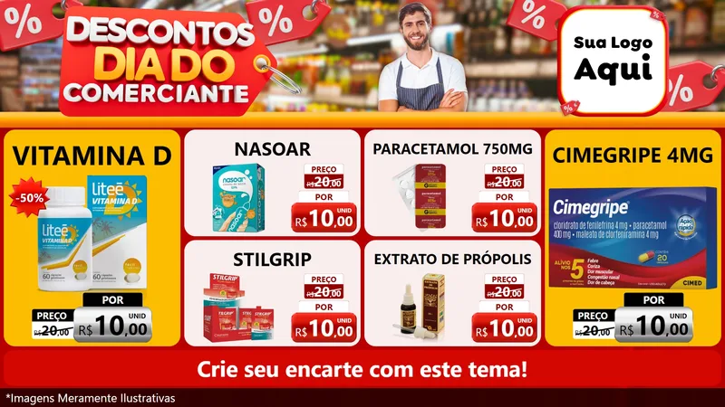 Modelo de TV para TV Horizontal com o tema Descontos Dia do Comerciante para Farmácia