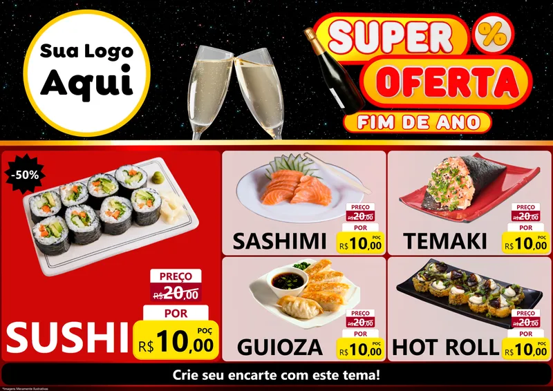 Modelo de Encarte para Encarte A4 Horizontal com o tema Super Oferta Fim de Ano para Comida japonesa