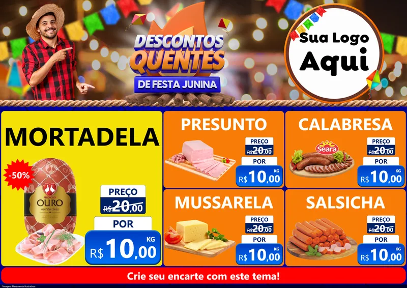 Modelo de Encarte para Encarte A4 Horizontal com o tema Descontos Quentes de Festa Junina para Frios e Laticínios