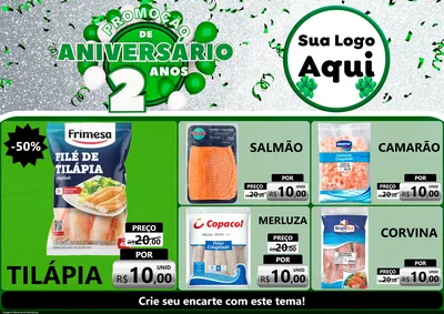 Modelo de Encarte para Encarte A4 Horizontal com o tema Promoção de Aniversário - 2 Anos para Peixaria