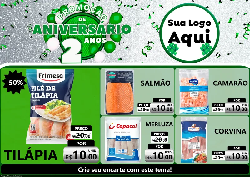 Modelo de Encarte para Encarte A4 Horizontal com o tema Promoção de Aniversário - 2 Anos para Peixaria