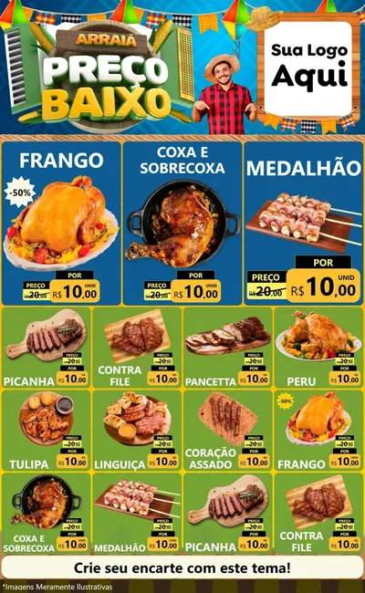 Modelo de Encarte para Encarte Grande com o tema Arraiá de Preço Baixo - Junina para Assados