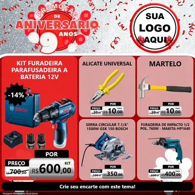 Modelo de Rede Social para Feed Facebook com o tema Promoção de Aniversário - 9 Anos para Maquinas e Ferramentas