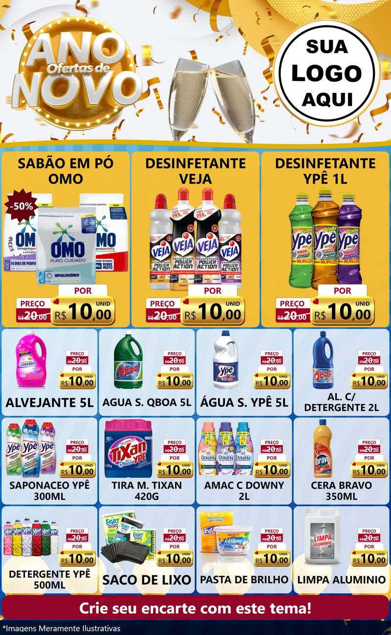 Modelo de Encarte para Encarte Grande com o tema Ofertas de Ano Novo para Produtos de Limpeza