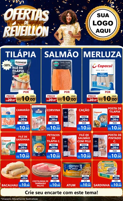 Modelo de Encarte para Encarte Grande com o tema Ofertas de Réveillon para Peixaria