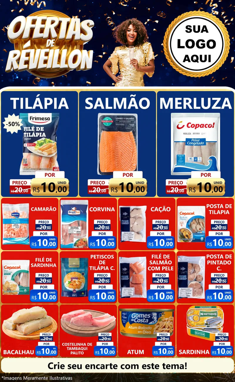 Modelo de Encarte para Encarte Grande com o tema Ofertas de Réveillon para Peixaria