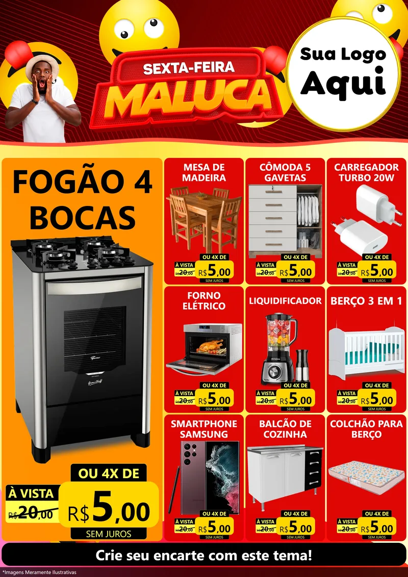 Modelo de Encarte para Encarte A4 Vertical com o tema Sexta-feira Maluca para Móveis e Eletro