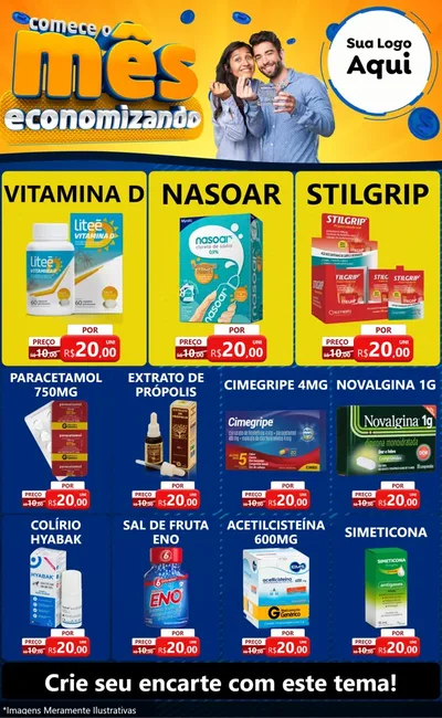 Modelo de Encarte para Encarte Grande com o tema Comece O Mês Economizando para Farmácia