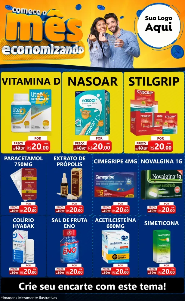 Modelo de Encarte para Encarte Grande com o tema Comece O Mês Economizando para Farmácia