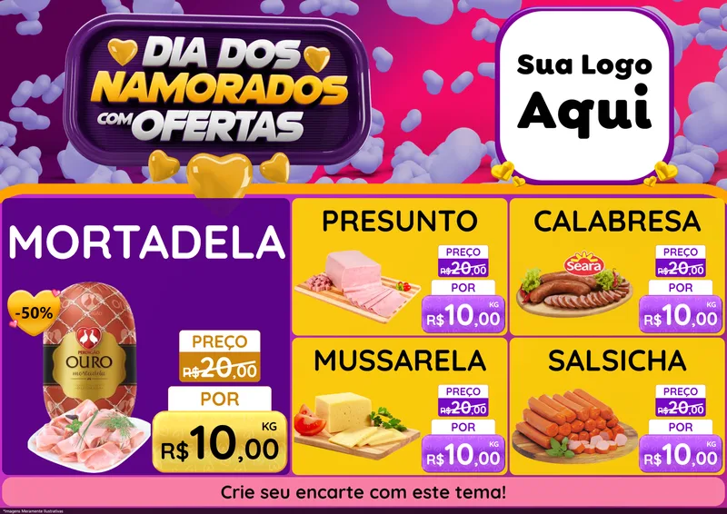 Modelo de Encarte para Encarte A4 Horizontal com o tema Dia Dos Namorados Com Ofertas para Frios e Laticínios