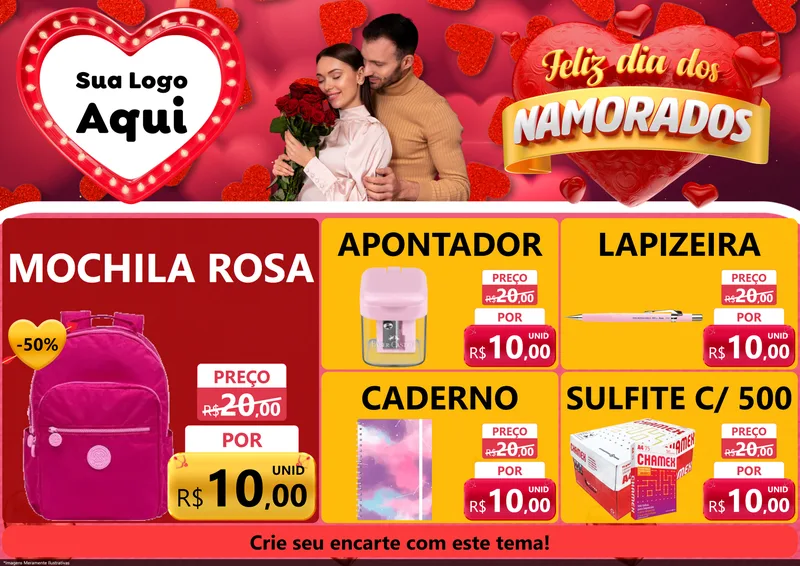 Modelo de Encarte para Encarte A4 Horizontal com o tema Feliz Dia Dos Namorados para Papelaria