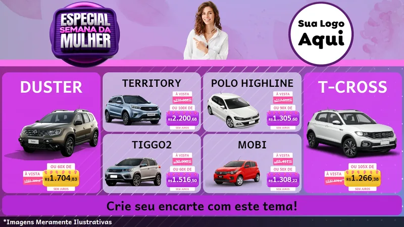 Modelo de TV para TV Horizontal com o tema Especial Semana da Mulher para Concessionaria de Carros