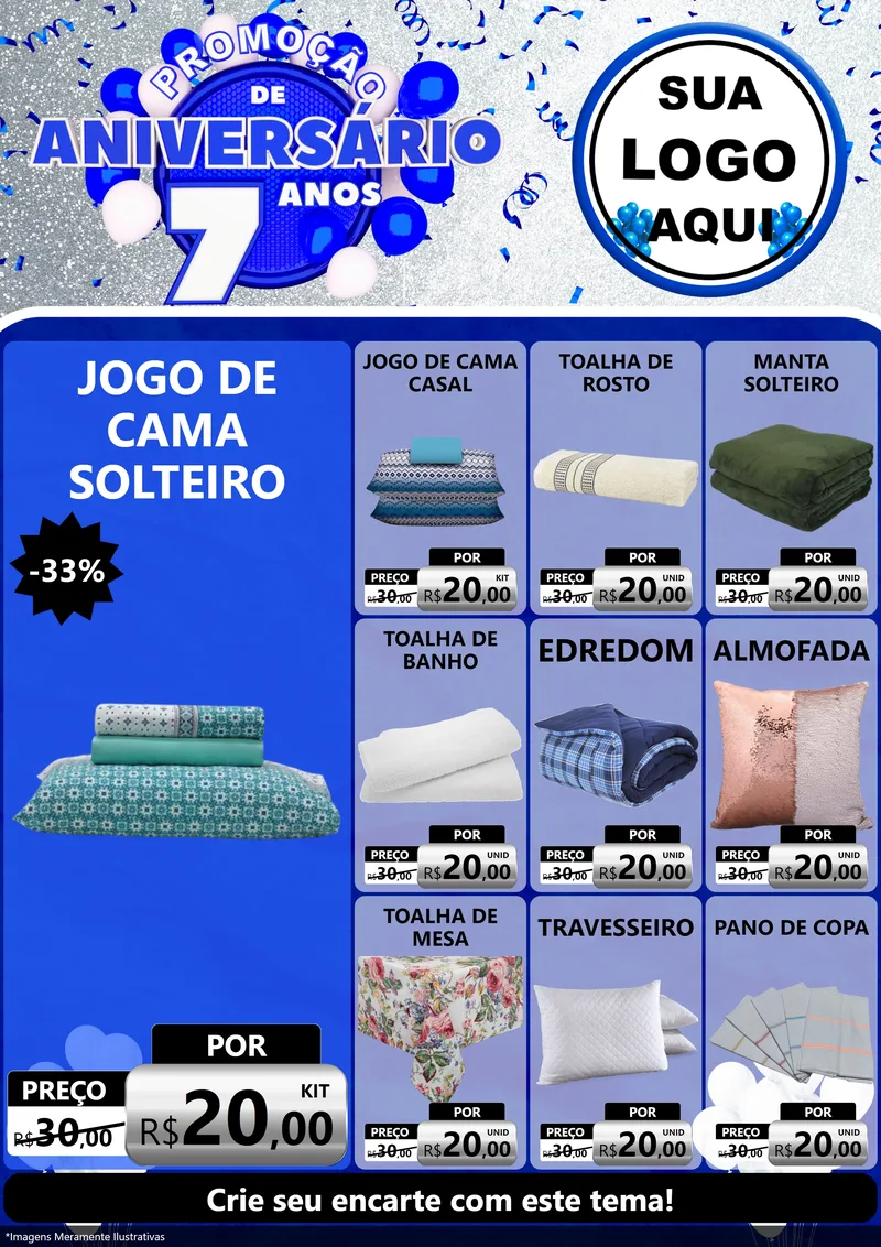 Modelo de Encarte para Encarte A4 Vertical com o tema Promoção de Aniversário - 7 Anos para Cama, Mesa e Banho