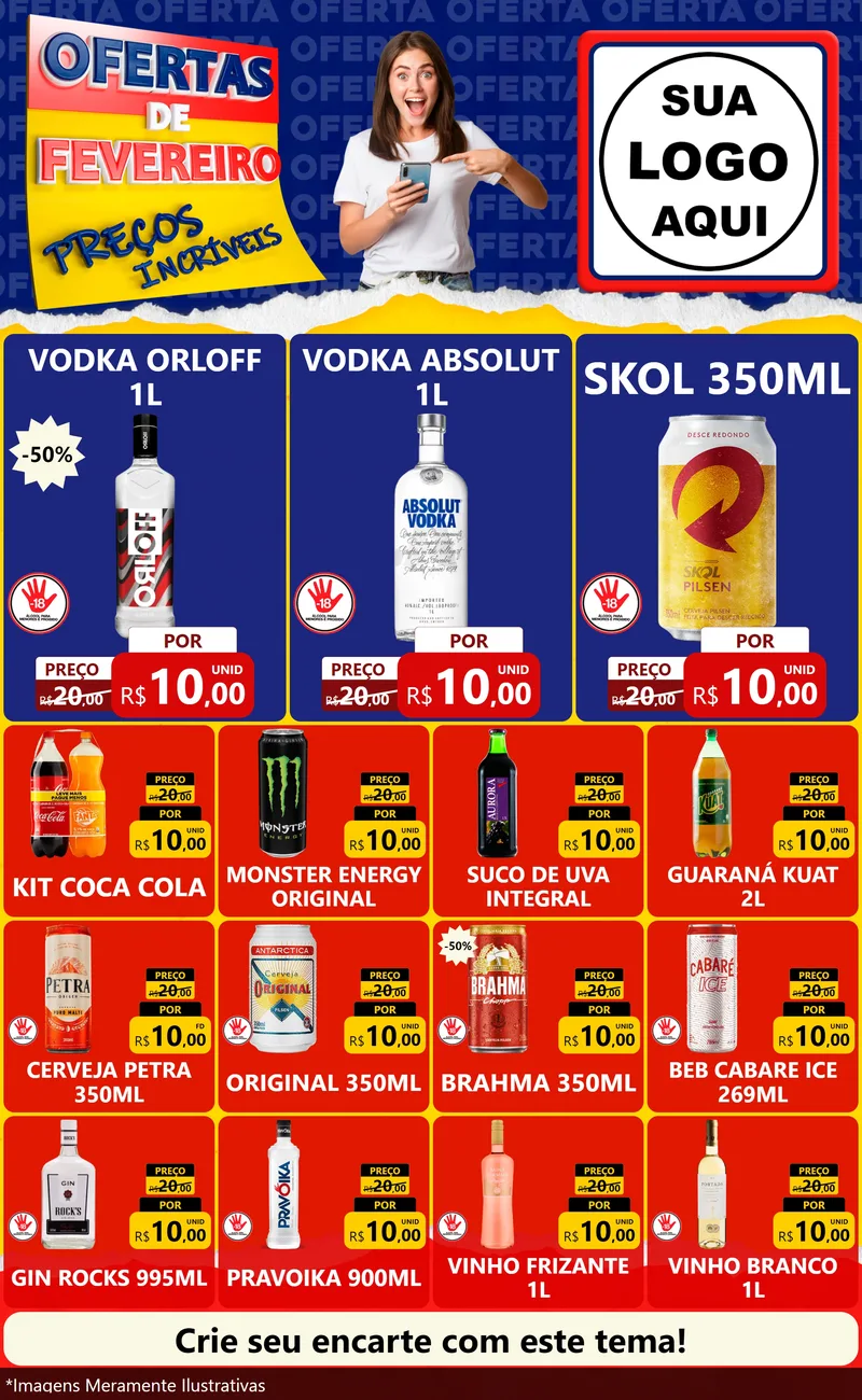 Modelo de Encarte para Encarte Grande com o tema Ofertas de Fevereiro - Preços Incríveis para Distribuidora de bebidas