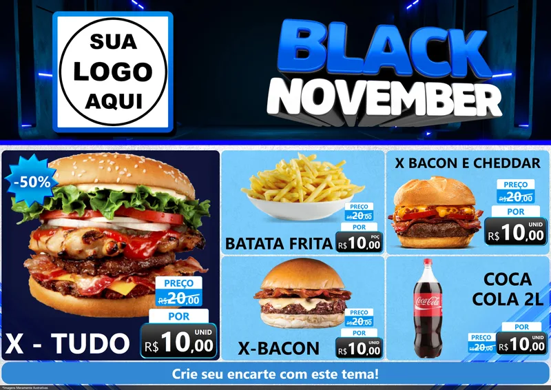 Modelo de Encarte para Encarte A4 Horizontal com o tema Black November para Hamburgueria