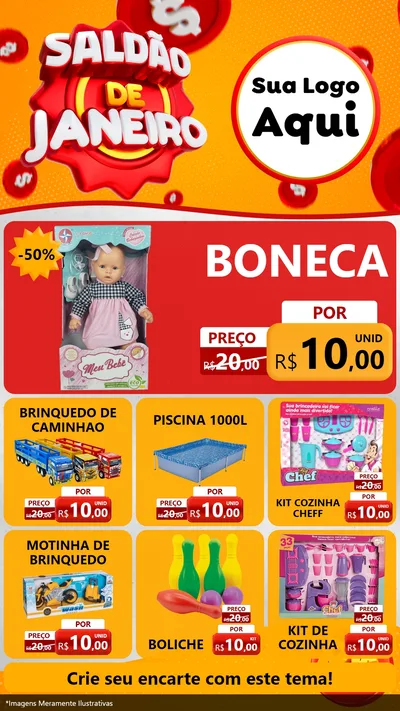 Modelo de Rede Social para Stories com o tema Saldão de Janeiro para Brinquedos
