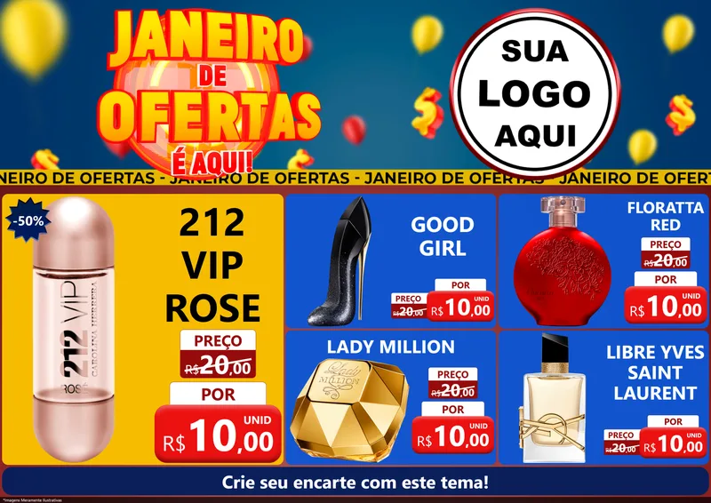 Modelo de Encarte para Encarte A4 Horizontal com o tema Janeiro de Ofertas É Aqui! para Perfumes