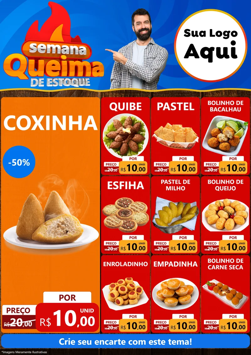Modelo de Encarte para Encarte A4 Vertical com o tema Semana Queima de Estoque para Salgadaria