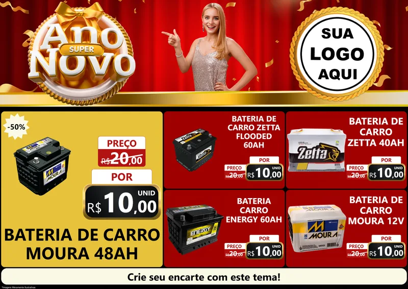 Modelo de Encarte para Encarte A4 Horizontal com o tema Super Ano Novo para Baterias Elétricas