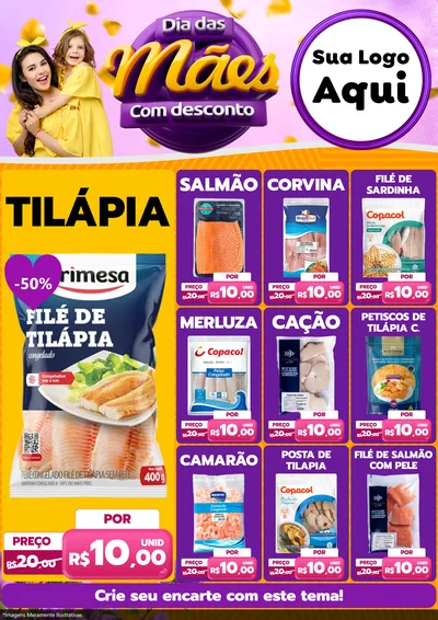 Modelo de Encarte para Encarte A4 Vertical com o tema Dia das Mães com Desconto para Peixaria