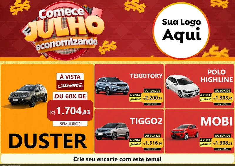Modelo de Encarte para Encarte A4 Horizontal com o tema Comece Julho Economizando para Concessionaria de Carros