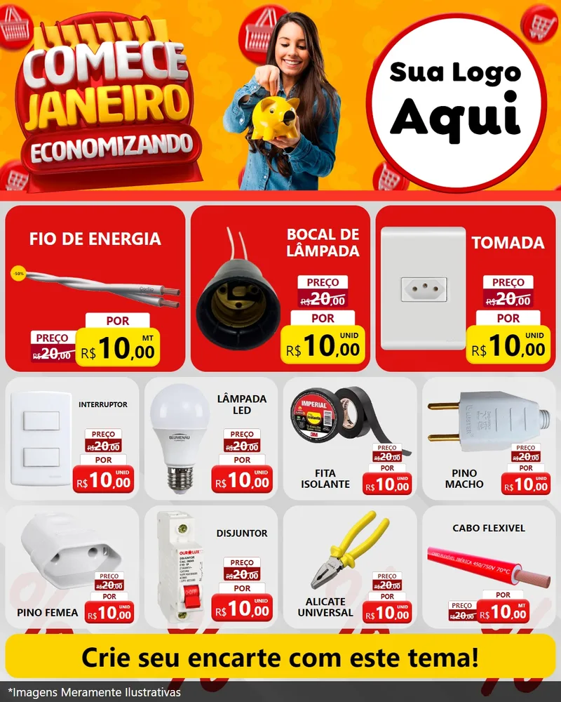Modelo de Rede Social para Feed Instagram com o tema Comece Janeiro Economizando para Materiais Elétricos