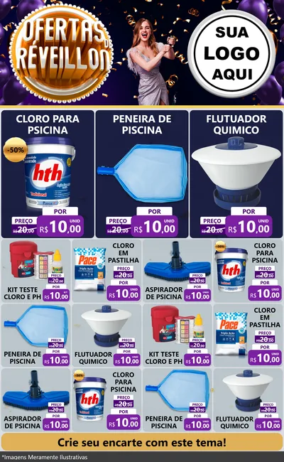 Modelo de Encarte para Encarte Grande com o tema Ofertas de Réveillon para Produtos para Piscina