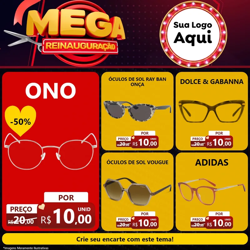 Modelo de Rede Social para Feed Facebook com o tema Mega Reinauguração para Óticas