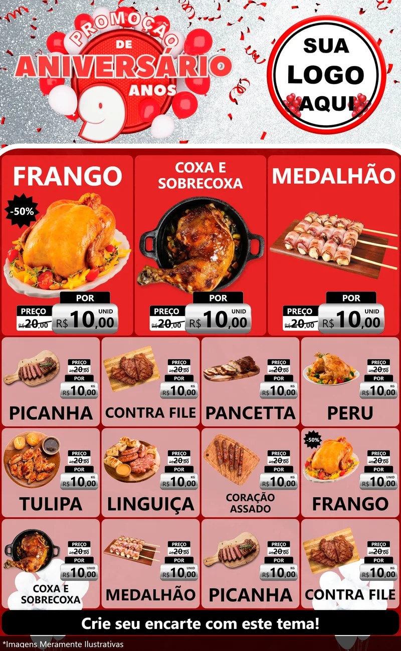 Modelo de Encarte para Encarte Grande com o tema Promoção de Aniversário - 9 Anos para Assados